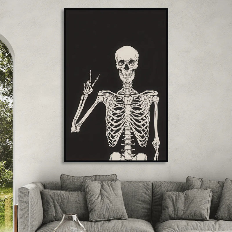 The Cool Halloween Skeleton Sitting Room - Black Canvas Wall Art
