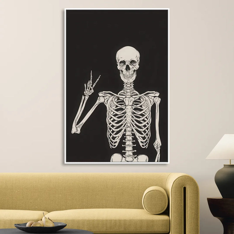 The Cool Halloween Skeleton Sitting Room - White Canvas Wall Art