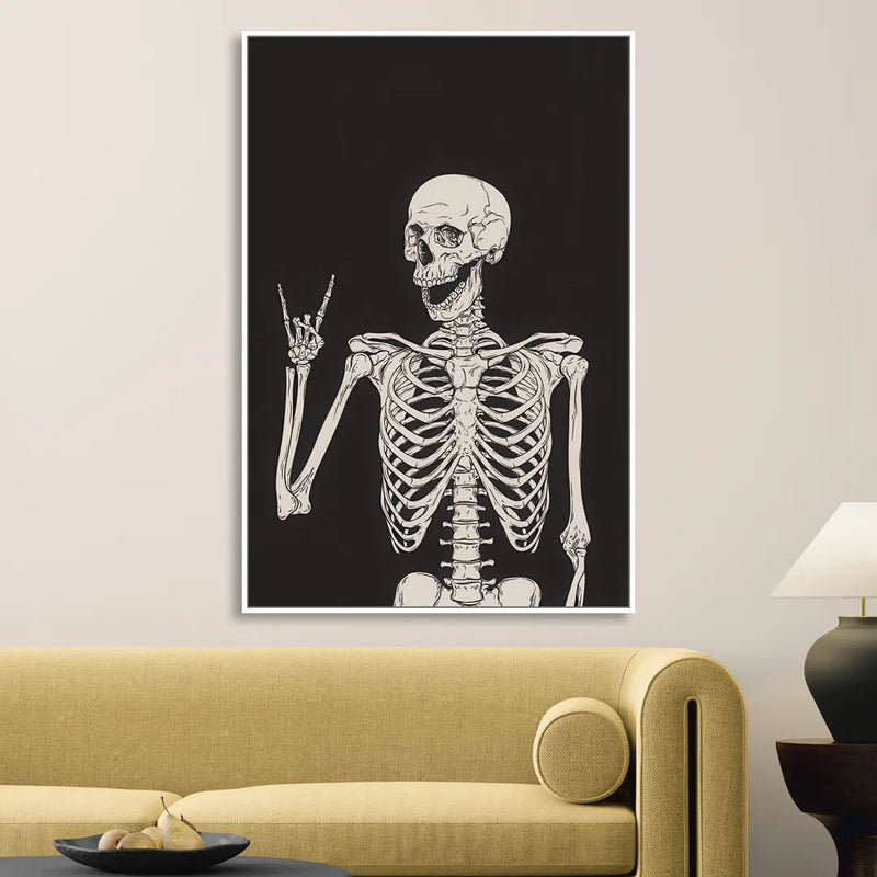 The Fun Halloween Skeleton Living Room - White Canvas Wall Art