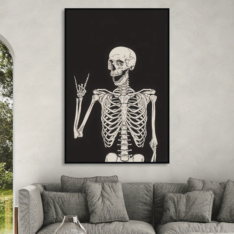 The Fun Halloween Skeleton Living Room - Black Canvas Wall Art