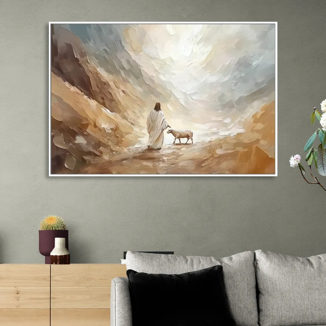 The Good Shepherd Abstract Christian Living Room - White Canvas Wall Art