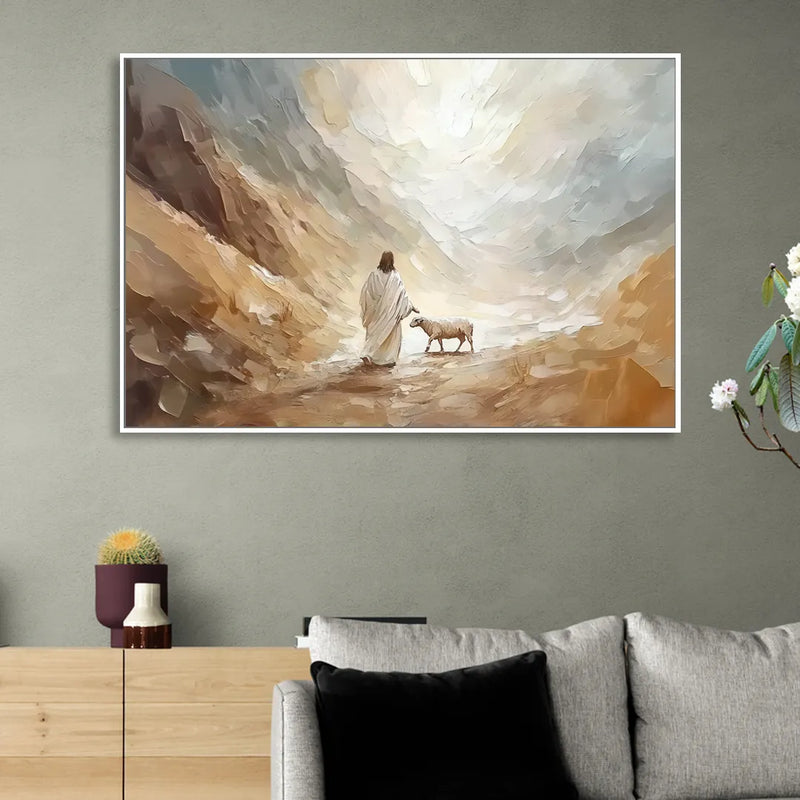 The Good Shepherd Abstract Christian Living Room - White Canvas Wall Art