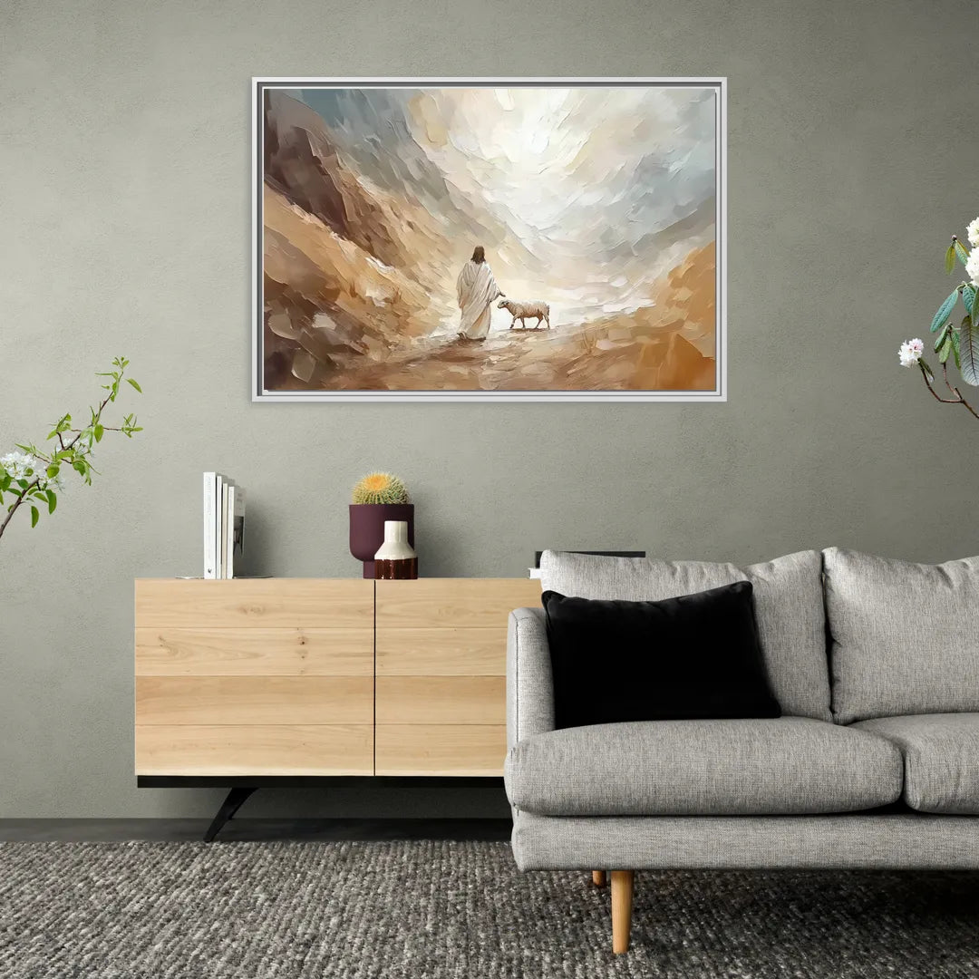 The Good Shepherd Abstract Christian - Living Room White Frame Canvas