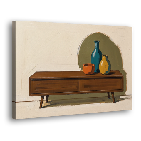 Three Ceramic Vases on a Walnut Sideboard - Canvas Wall Art - Side