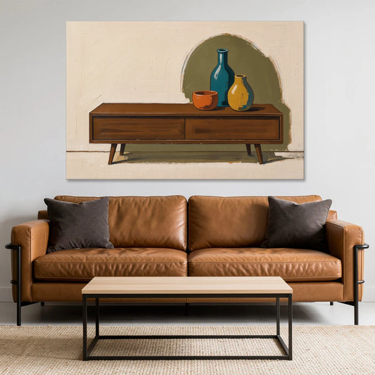 Three Ceramic Vases on a Walnut Sideboard - Canvas Wall Art - Sofa - 60x40
