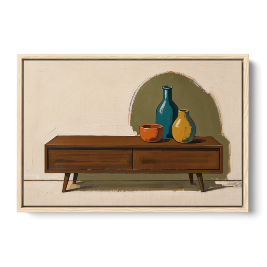 Three Ceramic Vases on a Walnut Sideboard - Oak Framed Canvas Wall Art - Front