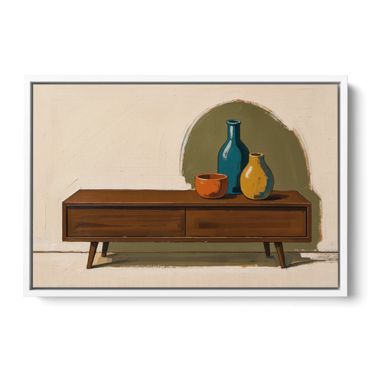Three Ceramic Vases on a Walnut Sideboard - White Framed Canvas Wall Art - Front