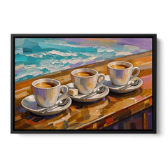 Three Espresso Cups on the Bar for a Coffee Bar - Black Framed Canvas Wall Art - Front