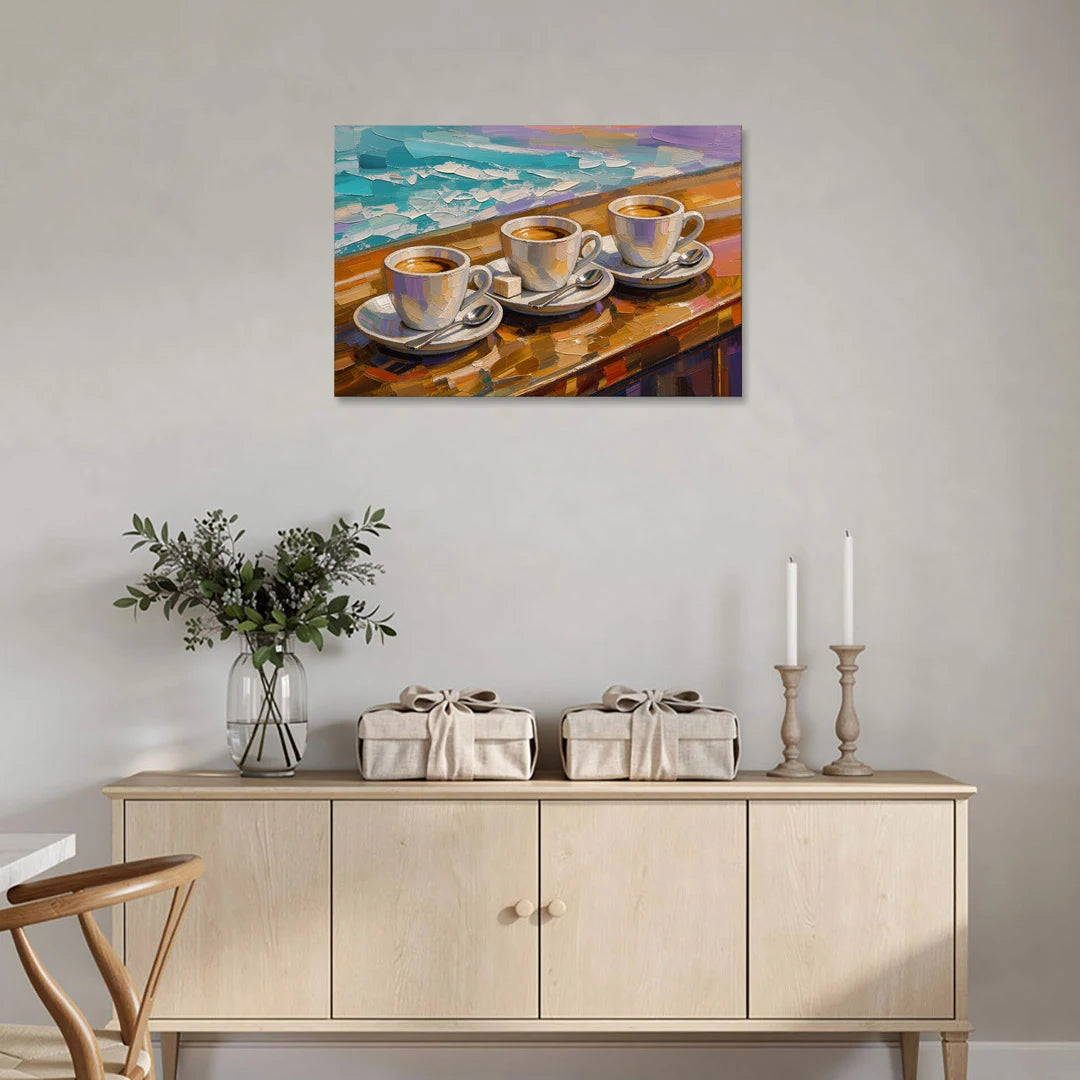 Three Espresso Cups on the Bar - Canvas Wall Art - Coffee Table - 36x24