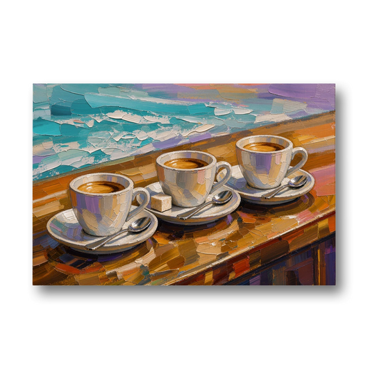 Three Espresso Cups on the Bar for a Coffee Bar - Canvas Wall Art - Front