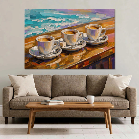 Three Espresso Cups on the Bar for a Coffee Bar - Canvas Wall Art - Sofa - 60x40