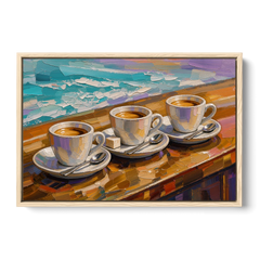 Three Espresso Cups on the Bar for a Coffee Bar - Oak Framed Canvas Wall Art - Front