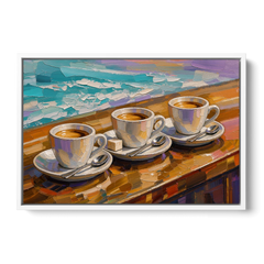 Three Espresso Cups on the Bar for a Coffee Bar - White Framed Canvas Wall Art - Front