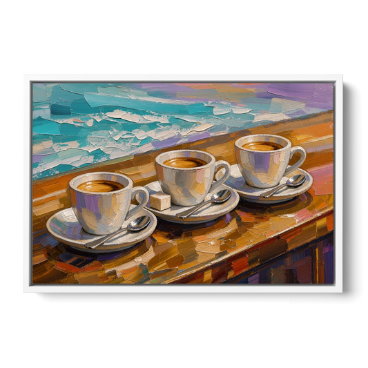 Three Espresso Cups on the Bar for a Coffee Bar - White Framed Canvas Wall Art - Front