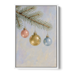 Three Glass Baubles on a Fir Branch - White Framed Canvas Wall Art - Front