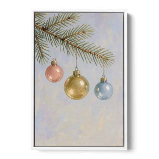 Three Glass Baubles on a Fir Branch - White Framed Canvas Wall Art - Front