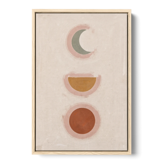 Three Moon Phases Stacked in Earth Tones - Oak Framed Canvas Wall Art - Front