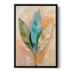 Three Neutral Textured Leaves in Sage and Teal - Black Framed Canvas Wall Art - Front