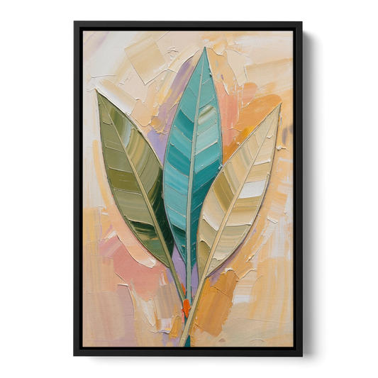 Three Neutral Textured Leaves in Sage and Teal - Black Framed Canvas Wall Art - Front
