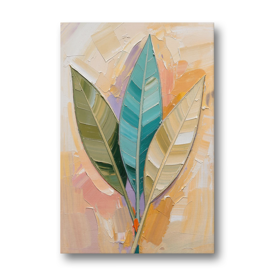 Three Neutral Textured Leaves in Sage and Teal - Canvas Wall Art - Front