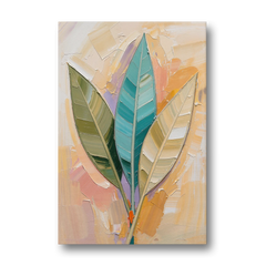 Three Neutral Textured Leaves in Sage and Teal - Canvas Wall Art - Front