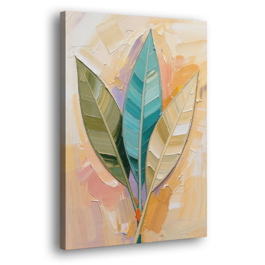 Three Neutral Textured Leaves in Sage and Teal - Canvas Wall Art - Side