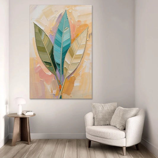Three Neutral Textured Leaves in Sage and Teal - Canvas Wall Art - Sofa - 40x60