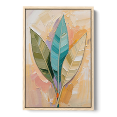 Three Neutral Textured Leaves in Sage and Teal - Oak Framed Canvas Wall Art - Front