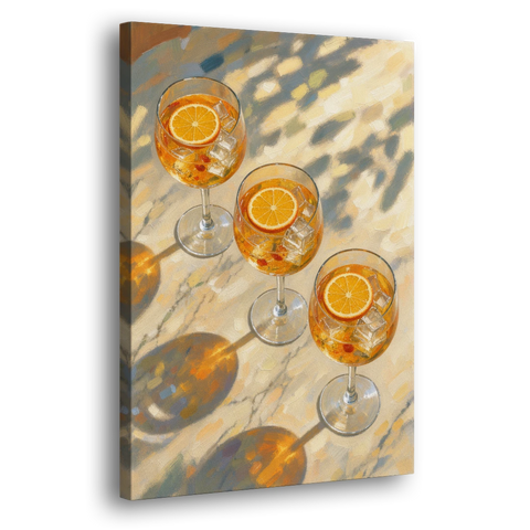 Three Orange Spritz Glasses in Dappled Sunlight - Canvas Wall Art - Side