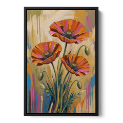 Three Retro Poppies in a Warm Breeze - Black Framed Canvas Wall Art - Front