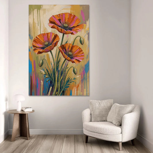 Three Retro Poppies in a Warm Breeze - Canvas Wall Art - Sofa - 40x60