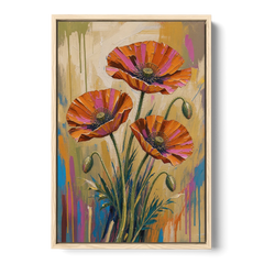Three Retro Poppies in a Warm Breeze - Oak Framed Canvas Wall Art - Front