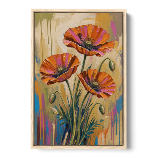 Three Retro Poppies in a Warm Breeze - Oak Framed Canvas Wall Art - Front