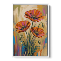 Three Retro Poppies in a Warm Breeze - White Framed Canvas Wall Art - Front