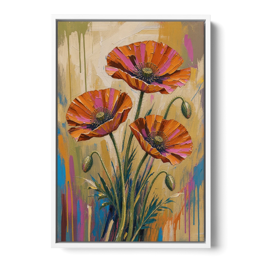 Three Retro Poppies in a Warm Breeze - White Framed Canvas Wall Art - Front
