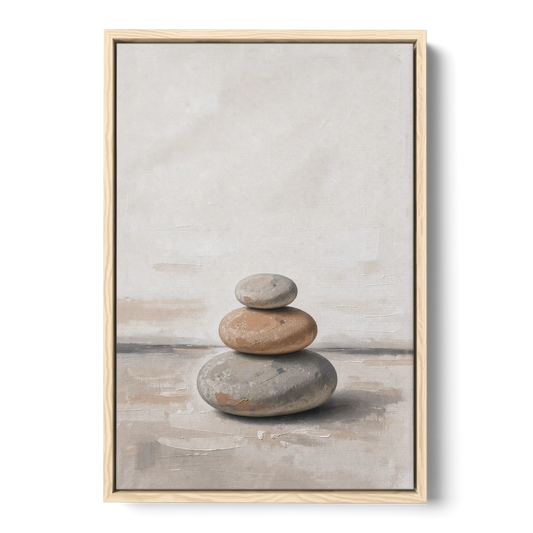 Three Stacked Stones on Pale Dusk Ground - Oak Framed Canvas Wall Art - Front