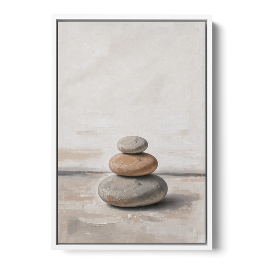 Three Stacked Stones on Pale Dusk Ground - White Framed Canvas Wall Art - Front