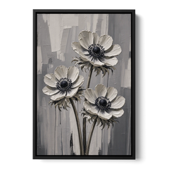 Three White Anemones with Black Centers - Black Framed Canvas Wall Art - Front