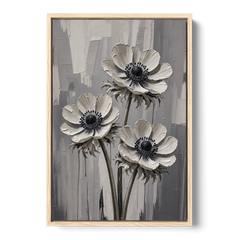 Three White Anemones with Black Centers - Oak Framed Canvas Wall Art - Front