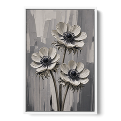 Three White Anemones with Black Centers - White Framed Canvas Wall Art - Front