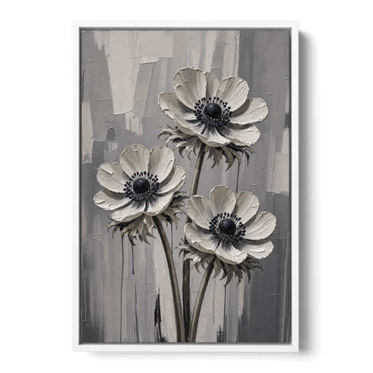 Three White Anemones with Black Centers - White Framed Canvas Wall Art - Front