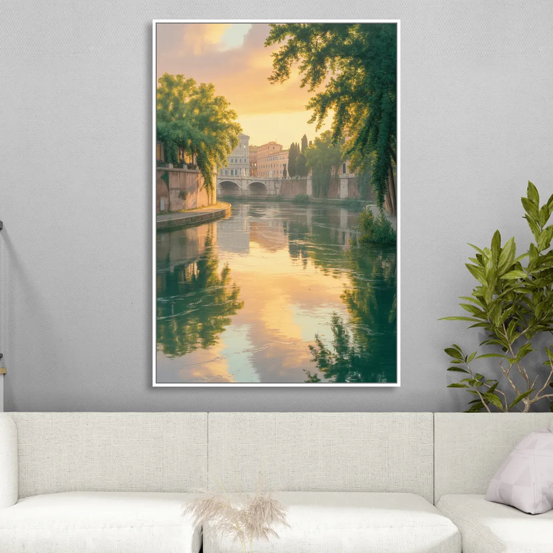 Tiber River Reflections Sitting Room - White Canvas Wall Art