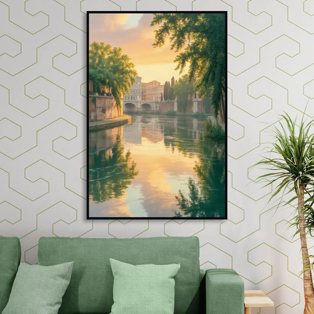 Tiber River Reflections Living Room - Black Canvas Wall Art