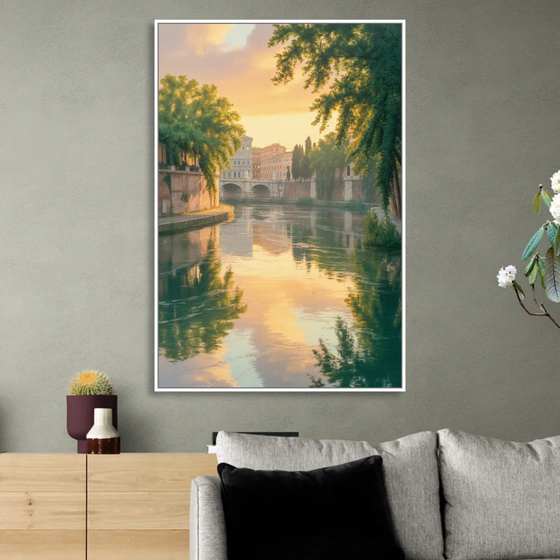 Tiber River Reflections Living Room - White Canvas Wall Art