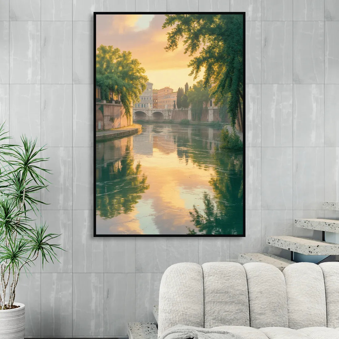 Tiber River Reflections Sitting Room - Black Canvas Wall Art