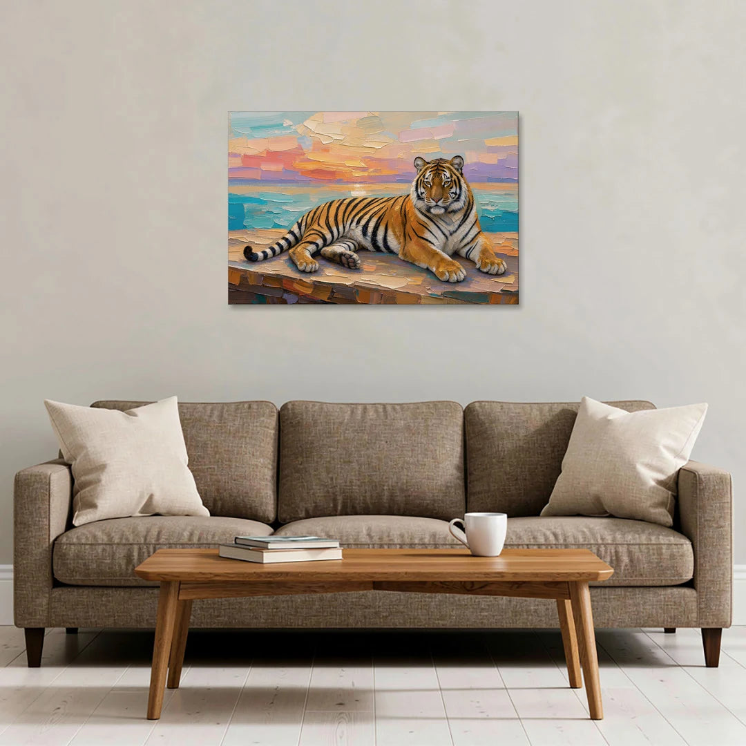Tiger Art Print on the Sunset Ledge - Canvas Wall Art - Sofa - 36x24