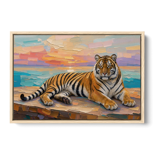 Tiger Art Print on the Sunset Ledge - Oak Framed Canvas Wall Art - Front