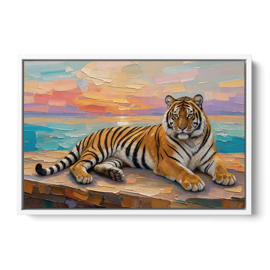 Tiger Art Print on the Sunset Ledge - White Framed Canvas Wall Art - Front