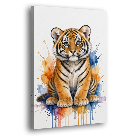 Tiger Cub in Orange and Cobalt Splashes - Canvas Wall Art - Side