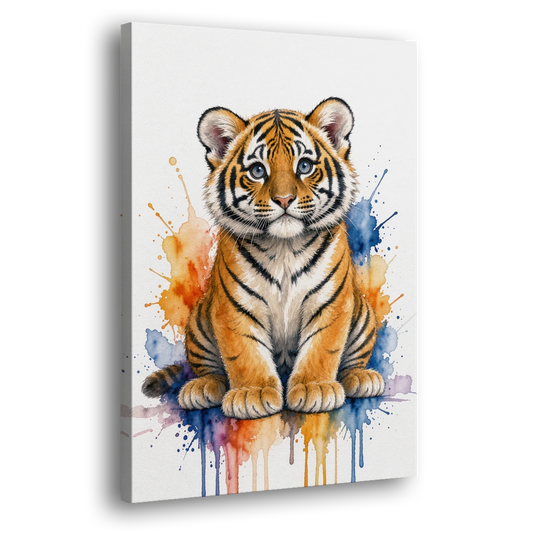 Tiger Cub in Orange and Cobalt Splashes - Canvas Wall Art - Side